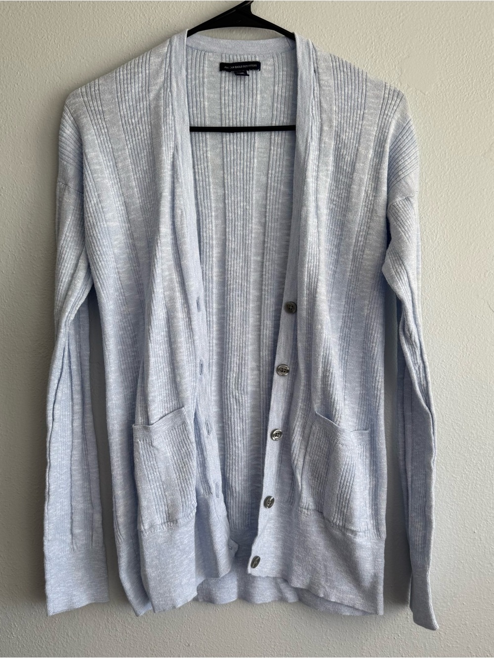 American Eagle Outfitters Light Blue Ribbed Button-Front Cardigan - Size Medium